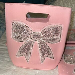 Bath & Body Works Bridal Pink Bow Glitter Embroidered Cosmetic Tote Bag